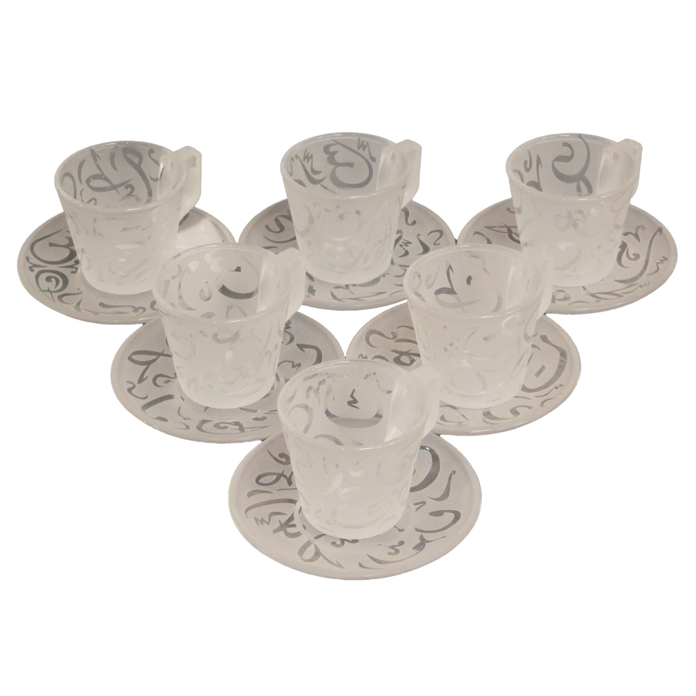 طقم زجاج خط عربي 6 فناجين قهوة و 6 أطباق