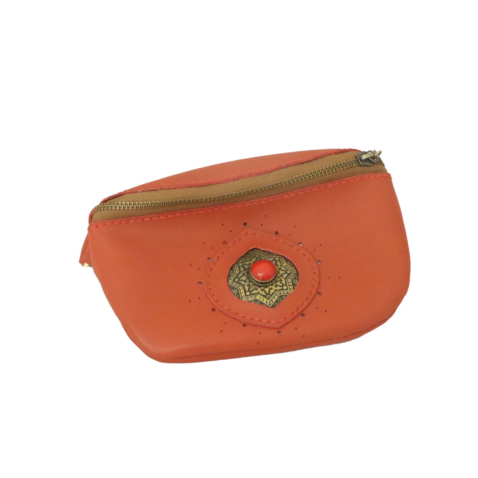 شنطة وسط جلد طبيعي بحلية نحاس – أحمر – 14×20 سم