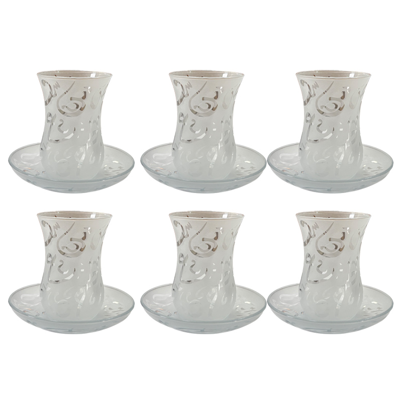 طقم زجاج خط عربي 6 فناجين شاي استكانه و 6 أطباق