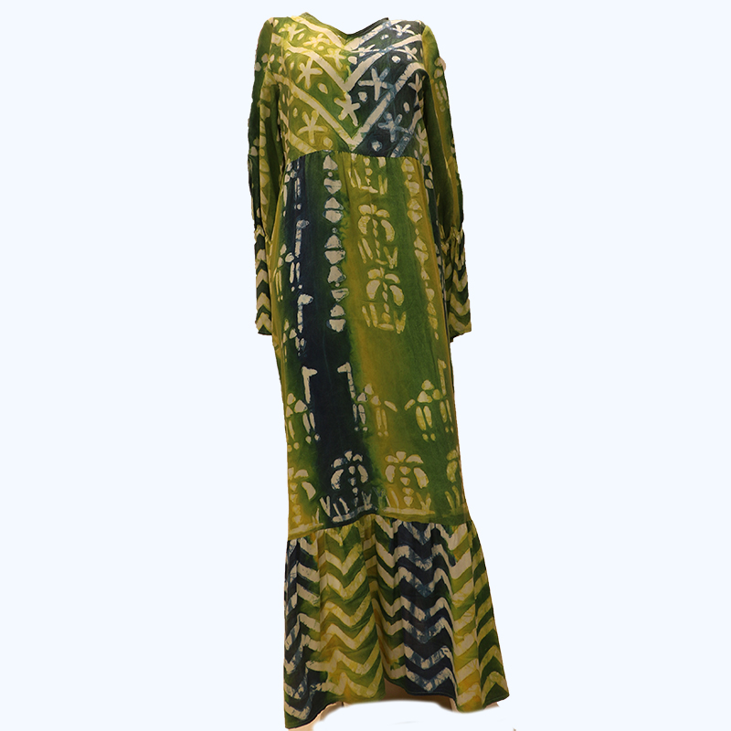 فستان فلاحي تلّي أخضر وأزرق – طباعة يدوية بفن الباتيك