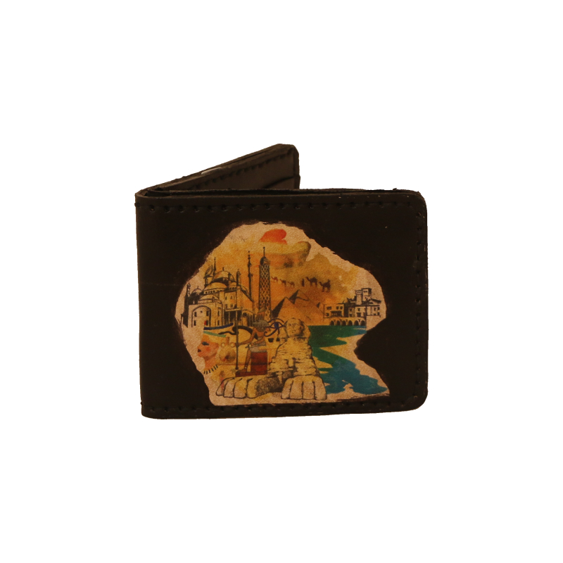 محفظة جلد أسود طبيعي طباعة ورسم فرعوني