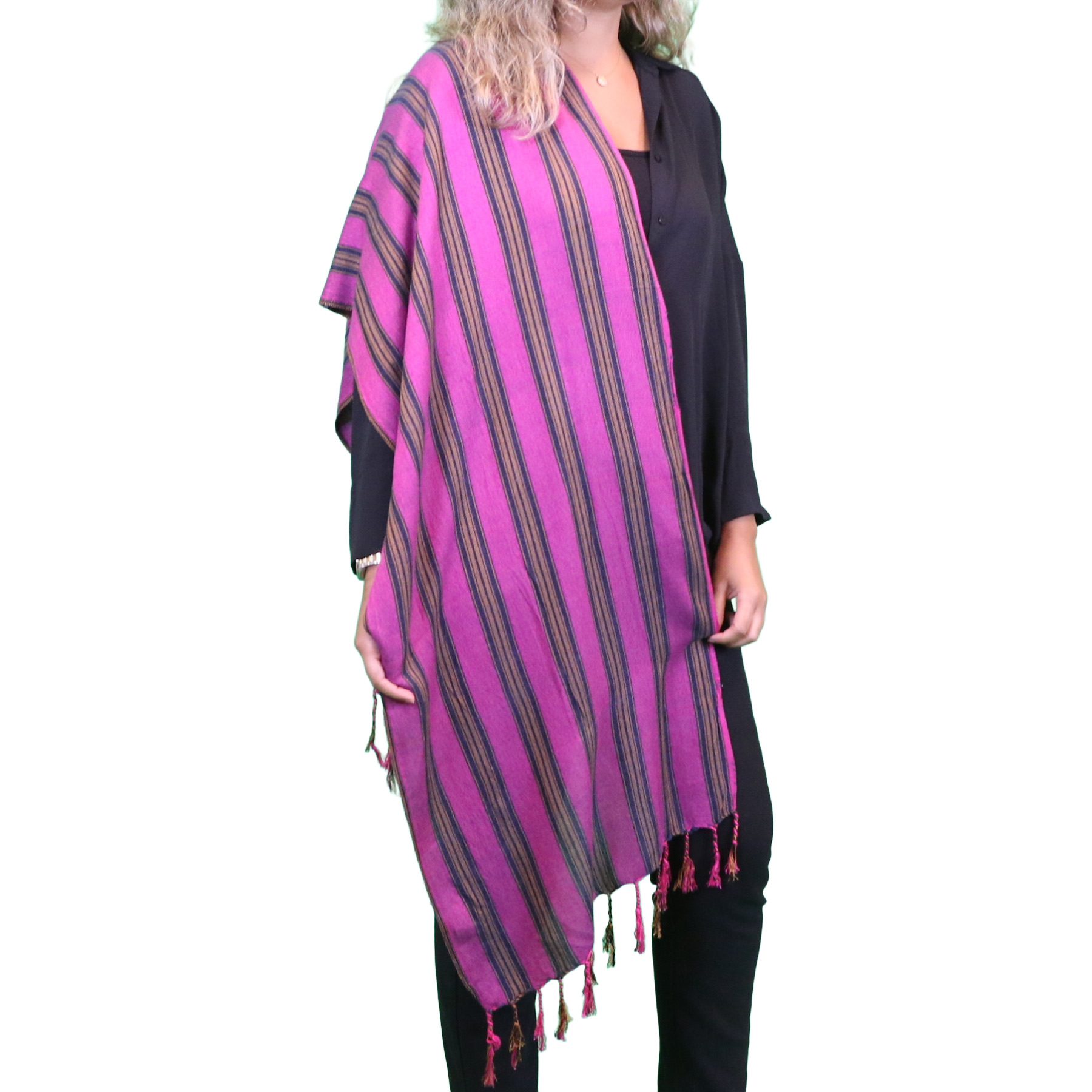 (HT)شال قطن مقلم لون فوشيا 45*160