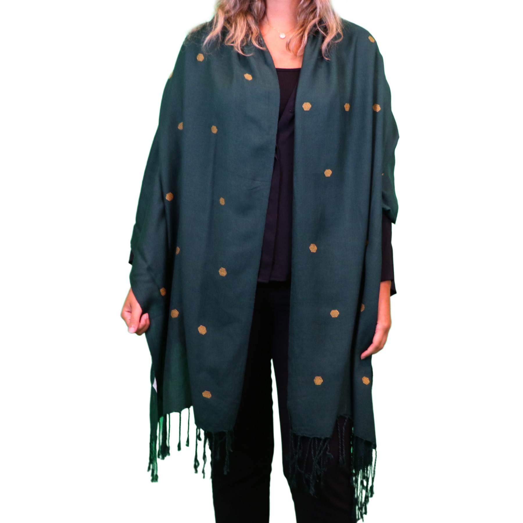 (HT)شال قطن تطريز دوائر لون زيتي 65*200