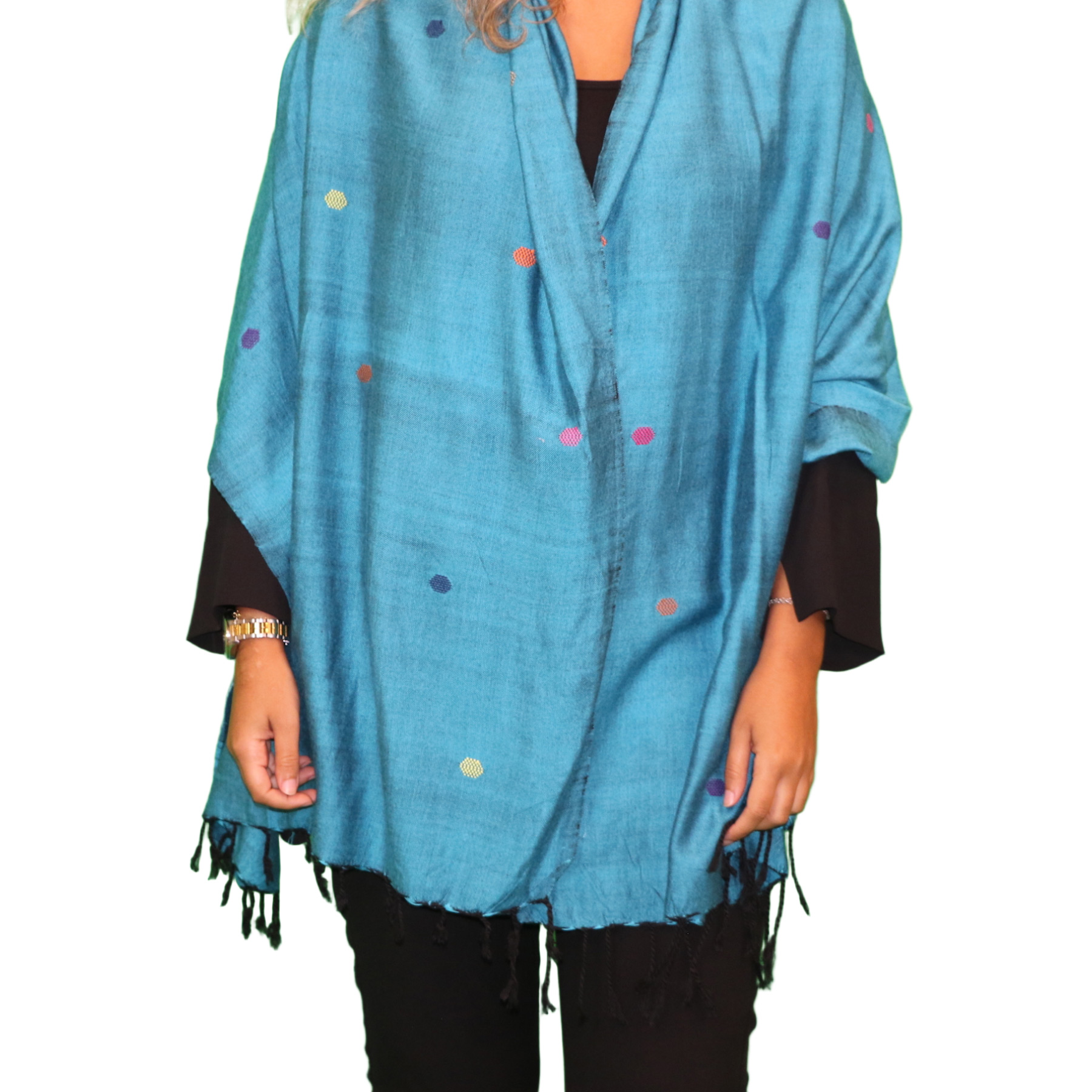 (HT)شال قطن تطريز دواير لون ازرق فاتح 65*201