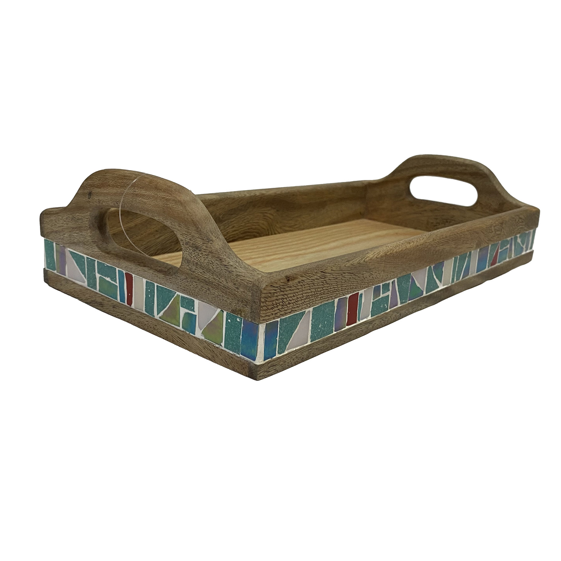 صينيه من خشب السرسوع مطعمه بموزايك خضرا فاتح حجم صغير