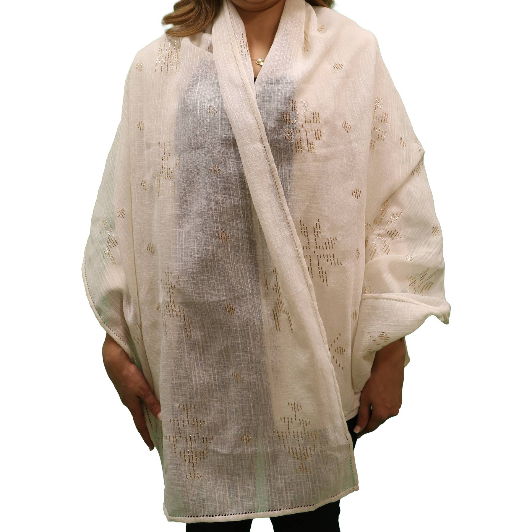 شال كتان مطرز بالتللي ذهبي