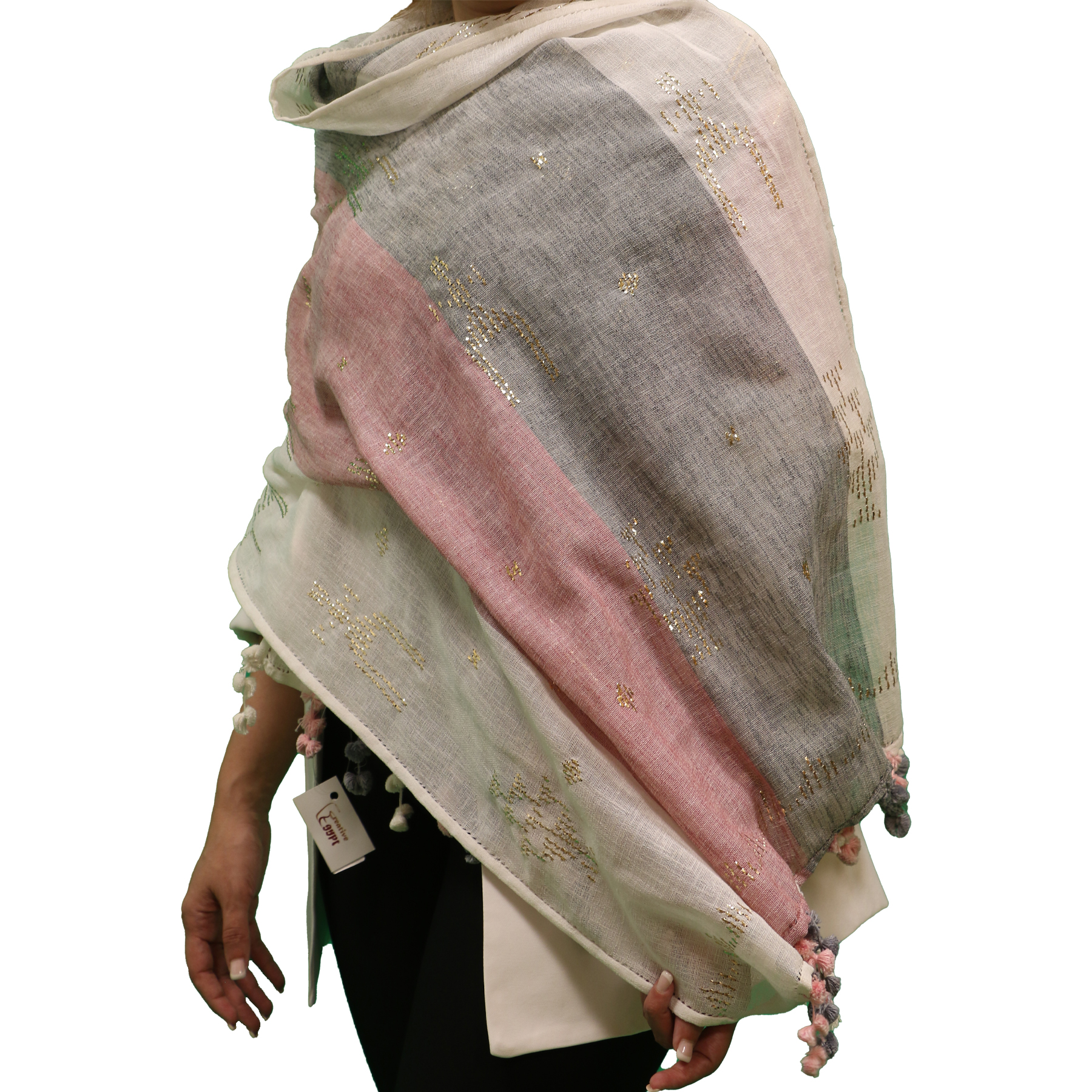 شال كتان مطرز بالتللي ذهبي ومطعم بأوية ملونه