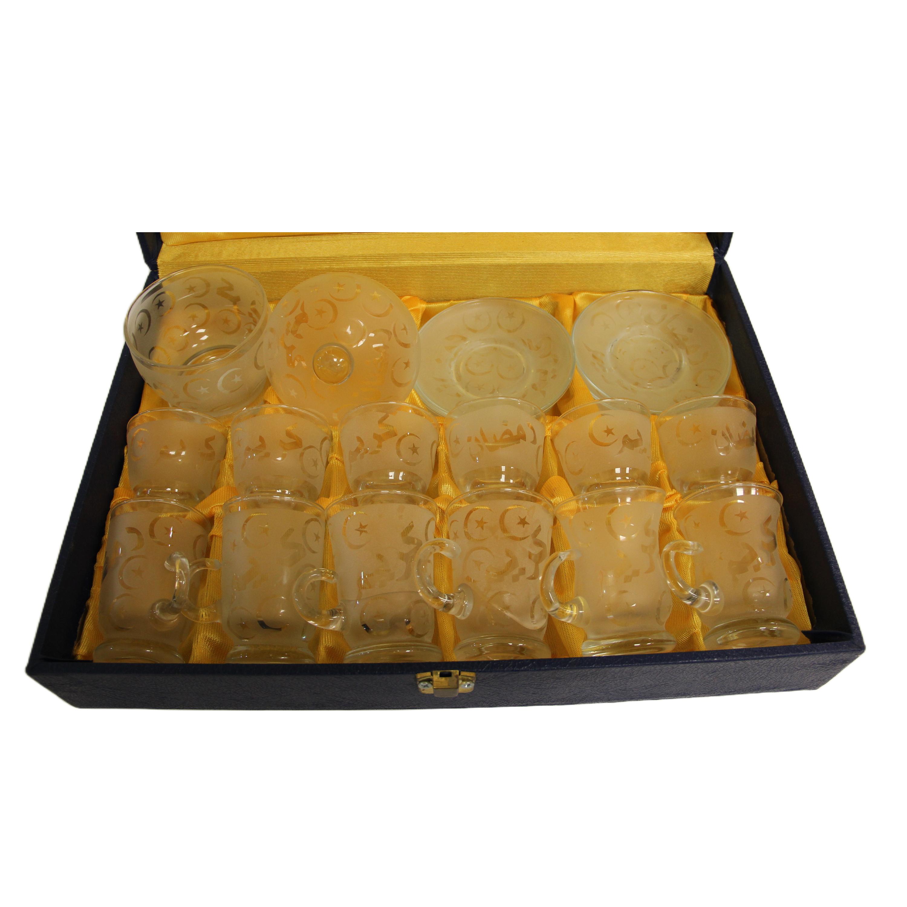 طقم زجاج رمضان كريم 6 فنجان و 6 استكانه بالاطباق وسكريه لون ابيض