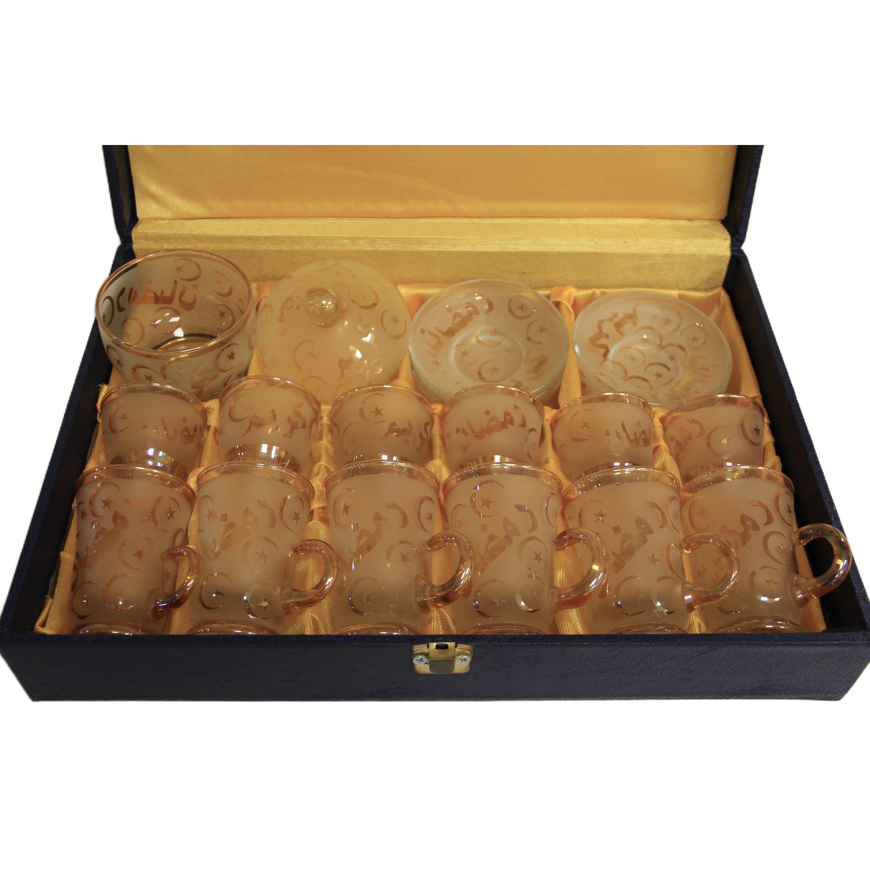 طقم زجاج رمضان كريم 6 فنجان و 6 استكانه بالاطباق وسكريه لون عسلي