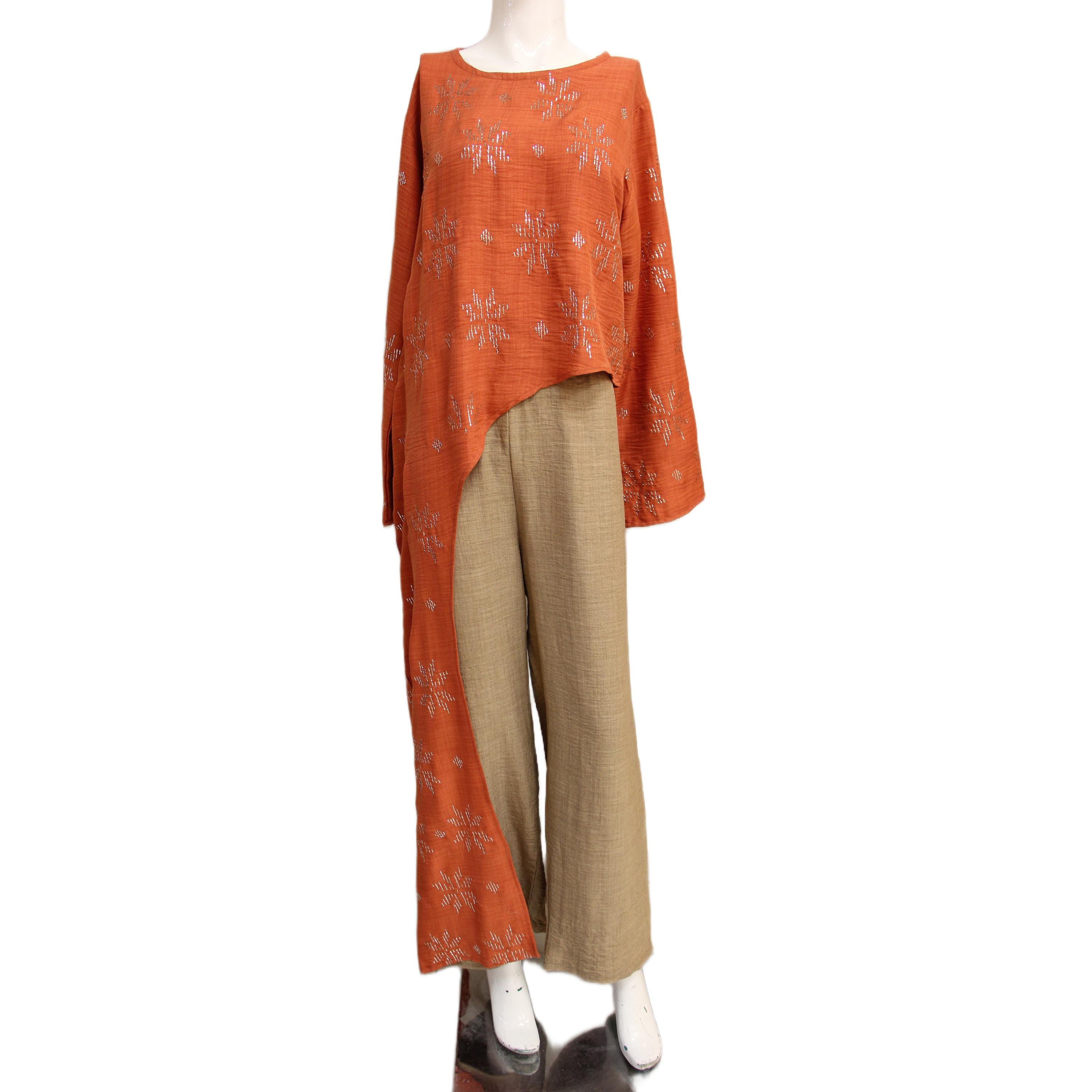 طقم بنطلون وبلوزة مطرز تلي برتقالي