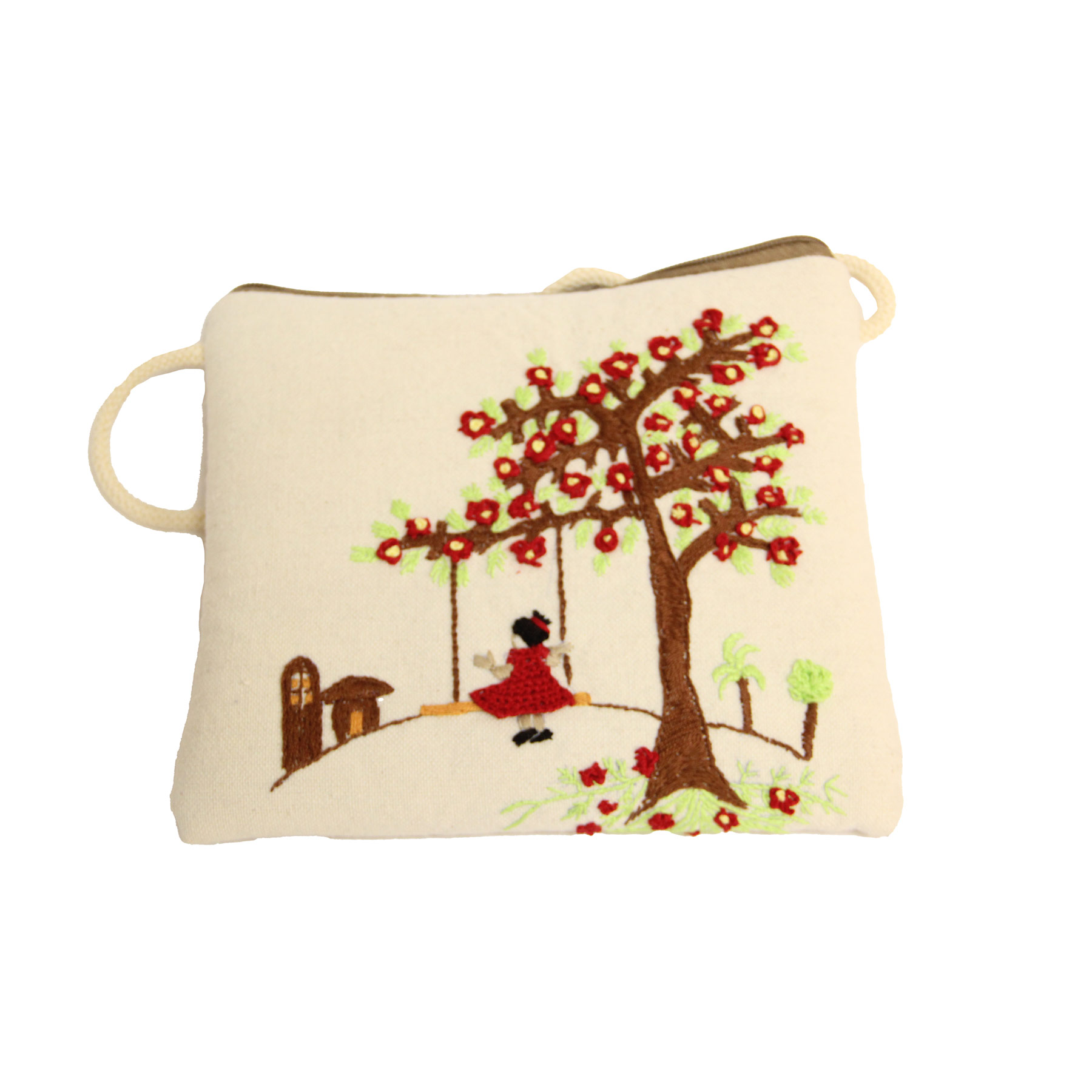 شنطة قماش دك بيج فاتح تطريز يدوي بنقشة شجرة ورد