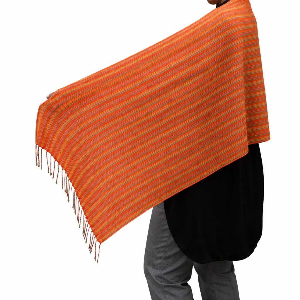 (HT)شال قطن مقلم لون برتقالي 2  45*160