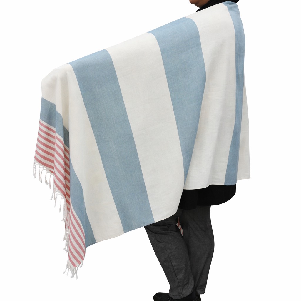 (HT)شال قطن مقلم لون بترولي 70*200