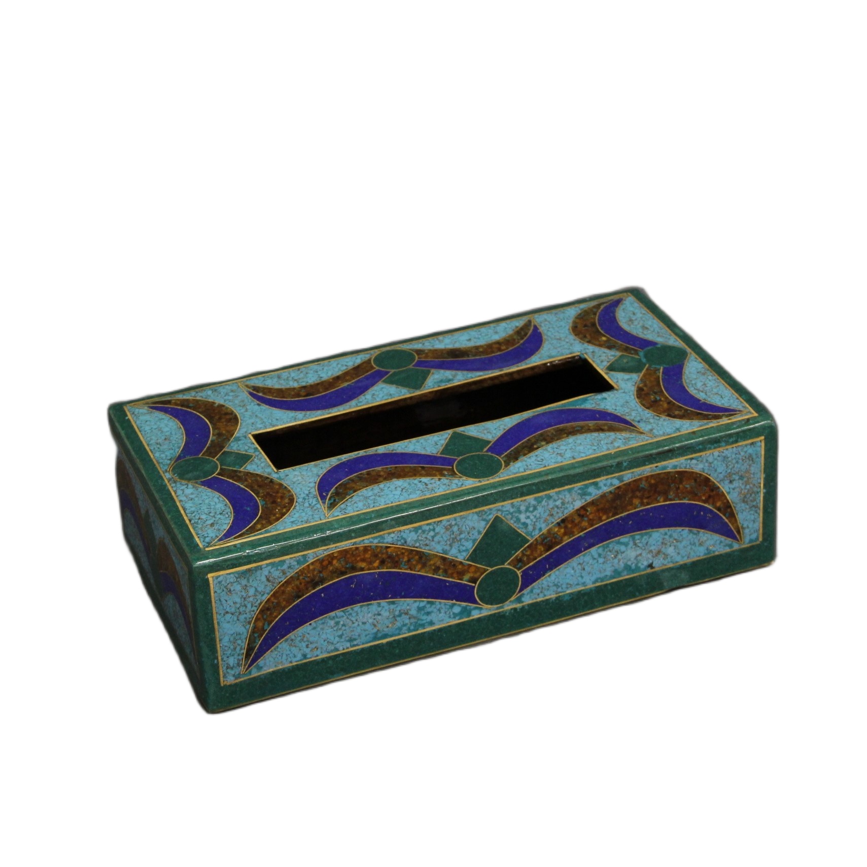 علبة مناديل صدف مطعمة بأحجار الكهرمان والملاكايت والفيروز